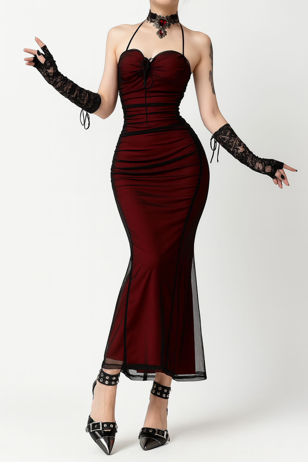 Black Red Halter Neck Mesh Dress for Gothic Fashion