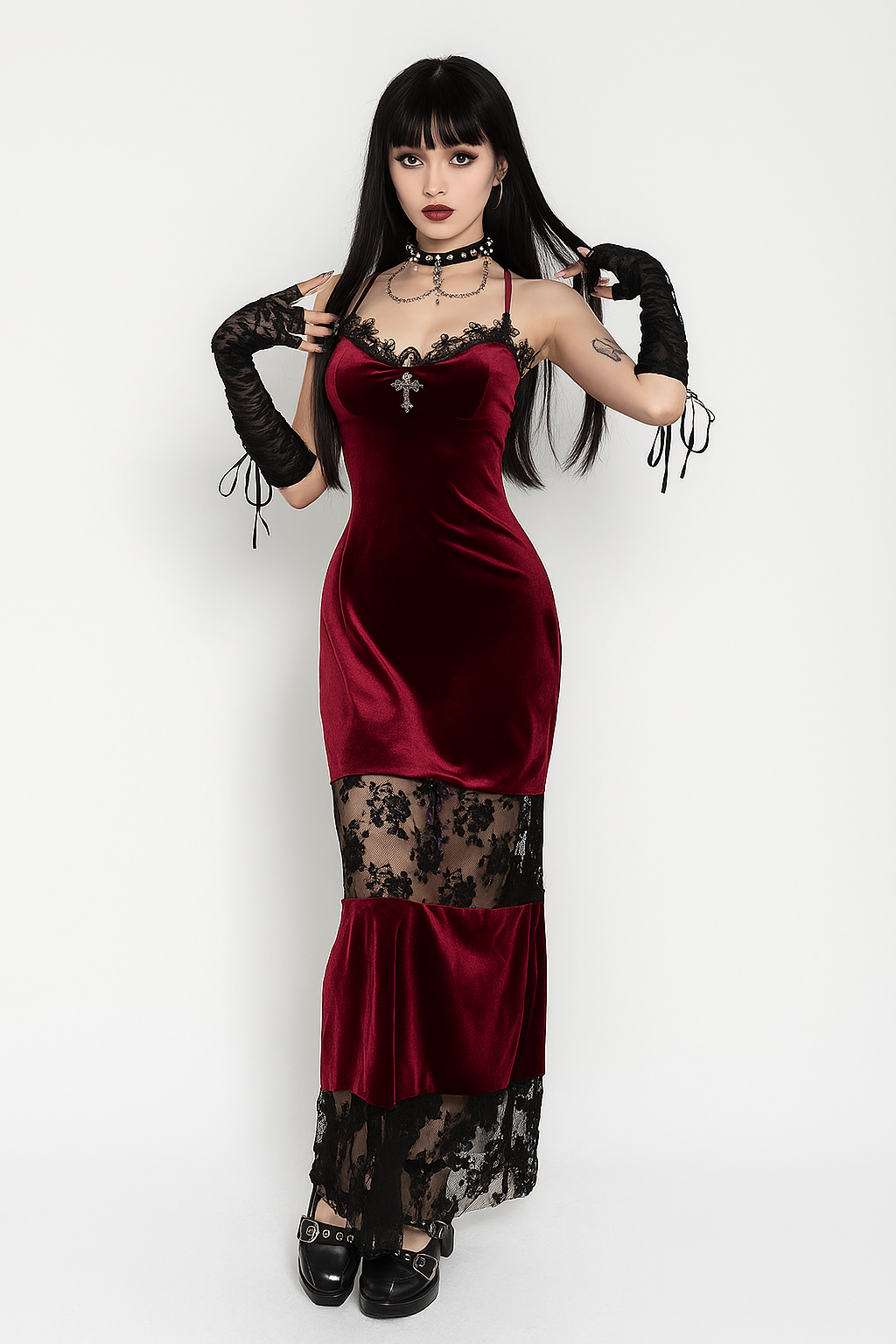 Crimson Lace Siren Dress – Dark Floral Gothic Bodycon Gown